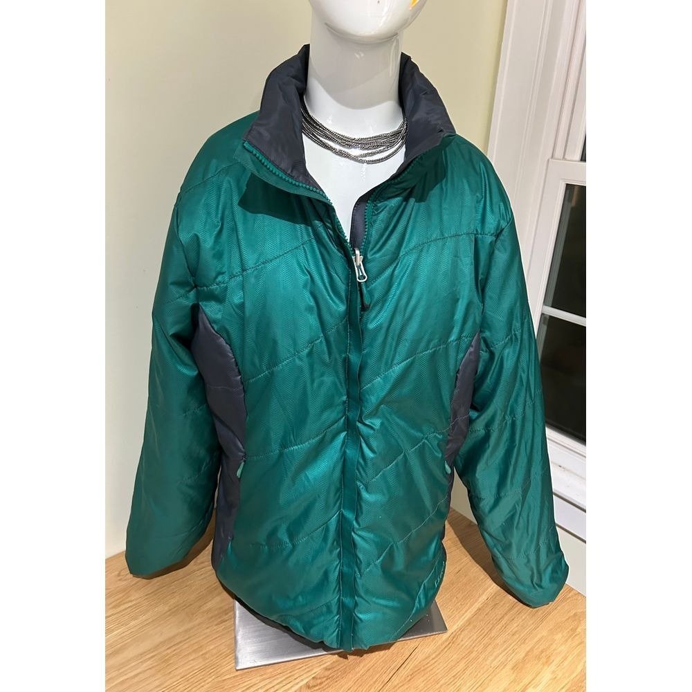 LL Bean reversible, embroidered flower puffer jacket emerald green and gray sz L